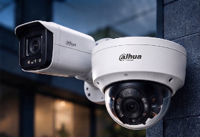 Cámaras de seguridad Dahua bullet y domo instaladas en una pared