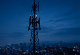 Torre de telecomunicaciones sobre la ciudad al anochecer