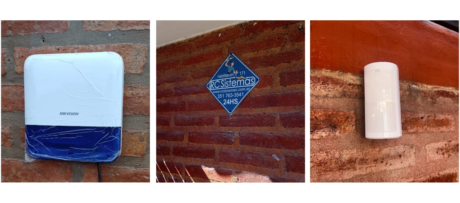 Sirena exterior Hikvision, cartel de RC Sistemas con la habilitación N° 171 y sensor de movimiento, los tres sobre pared de ladrillo
