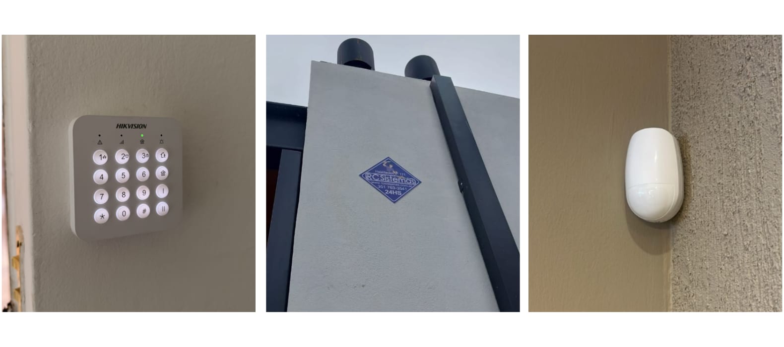 Teclado Hikvision junto al acceso de una vivienda, cartel de RC Sistemas sobre el portón de una propiedad, y sensor inalámbrico junto al marco de una abertura